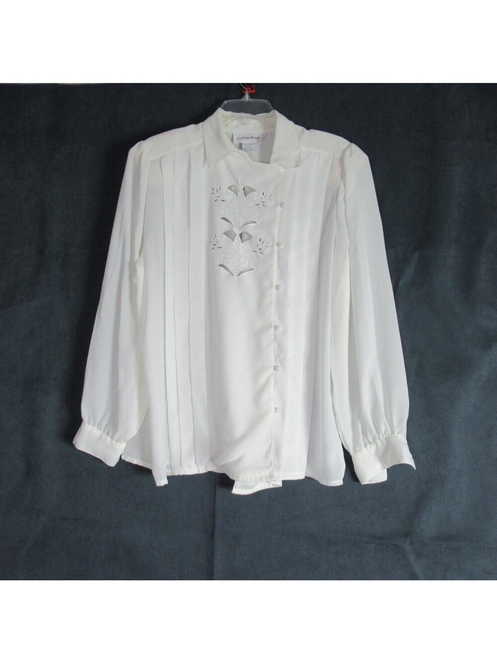 Vintage Josephine Top Womens 36 White Floral Cutout Pleated Sheer Blouse Work
